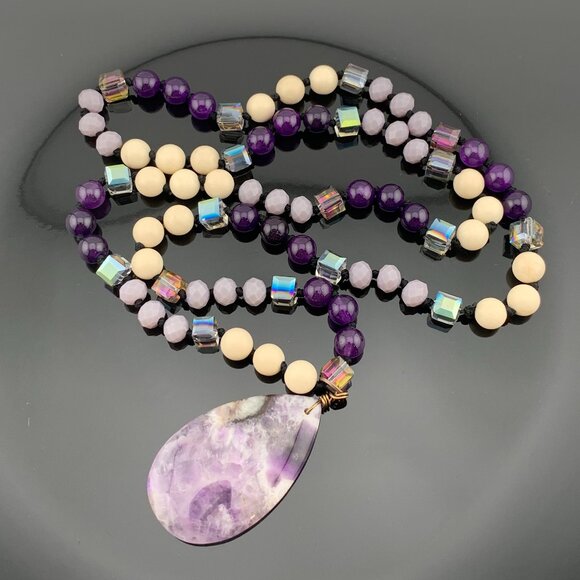 Jewelry - Amethyst Stone Teardrop Stone & Glass Beads Long Necklace Boho J890